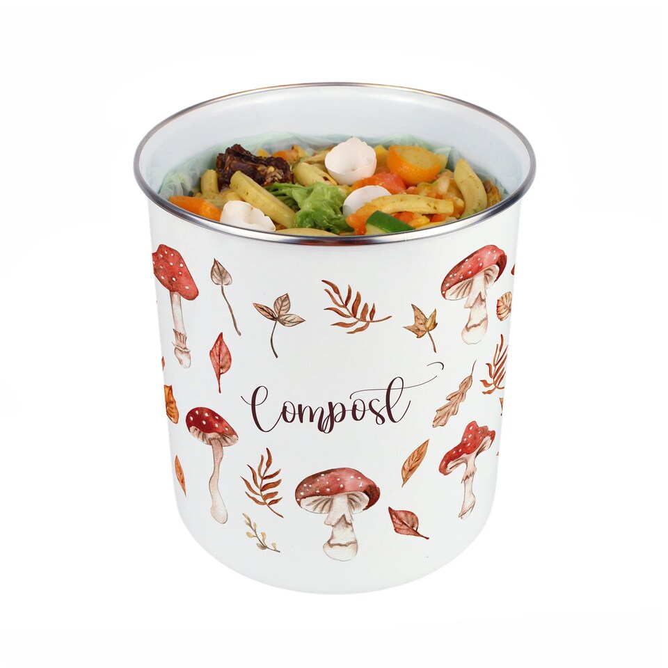 image 1 of Watercolour Mushrooms Compost Caddy - Metal 2L Decorative Kitchen Food Waste Bin