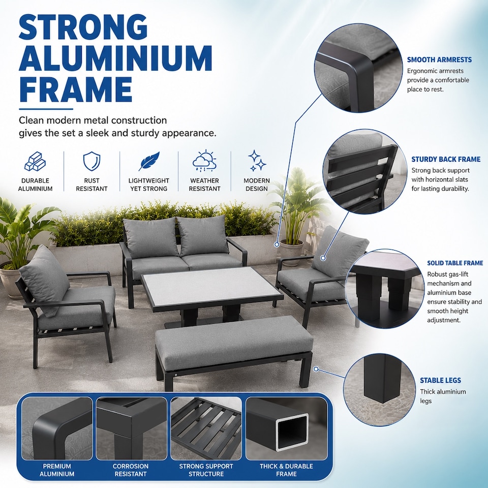 image 1 of 4 Seater 5 Piece Aluminium Garden Sofa Dining Set with Gas Lift Table, Ottoman Bench & Grey Cushions