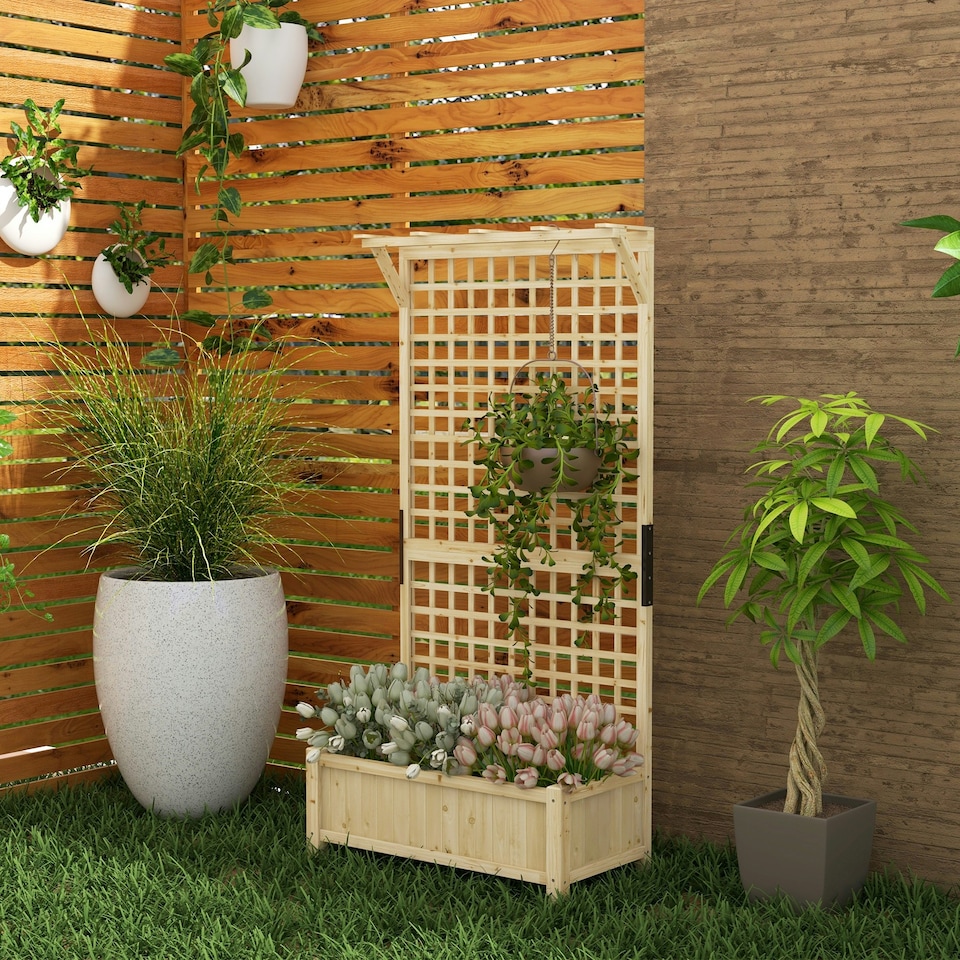 image 1 of Outsunny Wood Planter with Trellis for Climbing Plants Vines Planter Box Brown