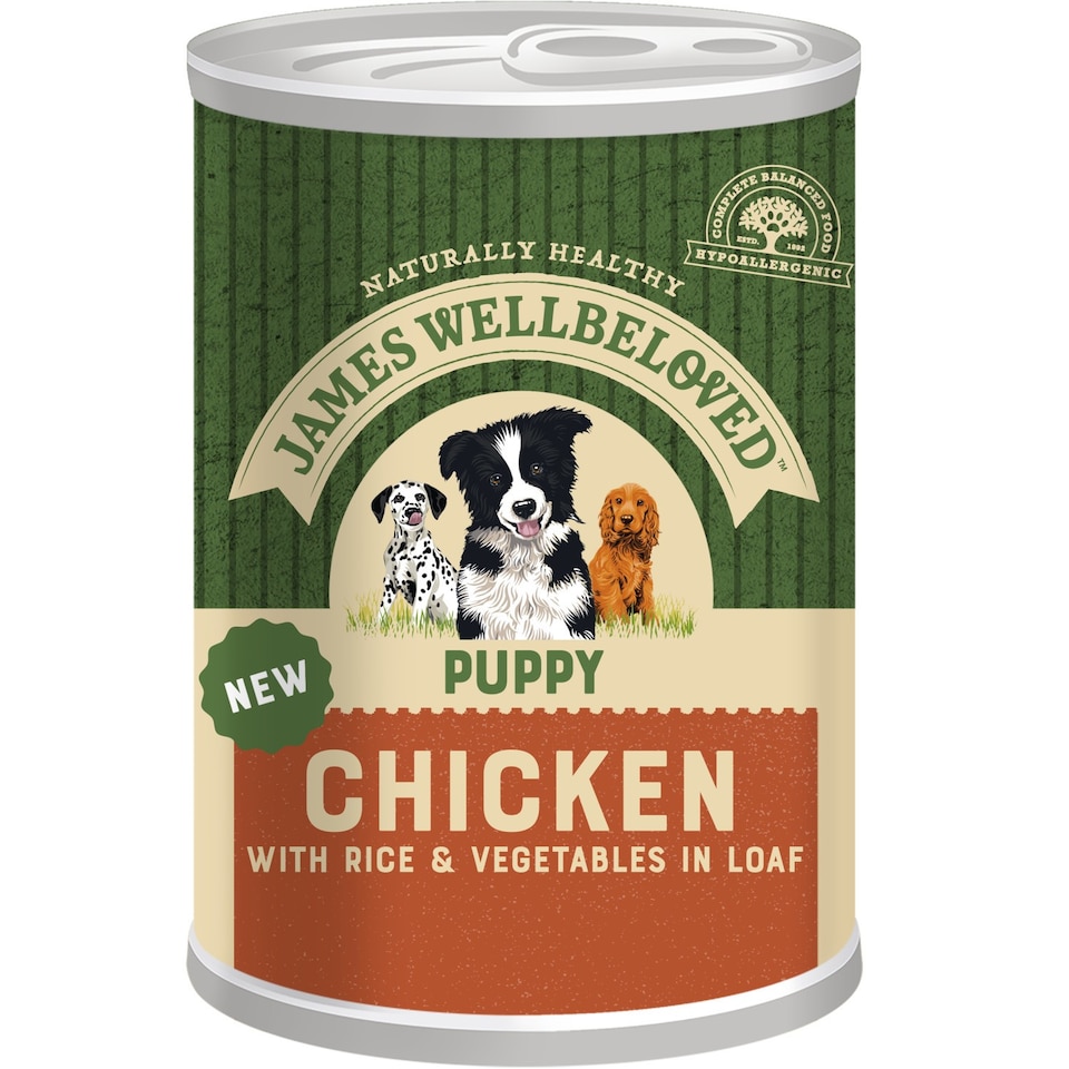 image 1 of James Wellbeloved Puppy Wet Dog Food Tins Chicken, Rice & Veg in Loaf 12 x 400g