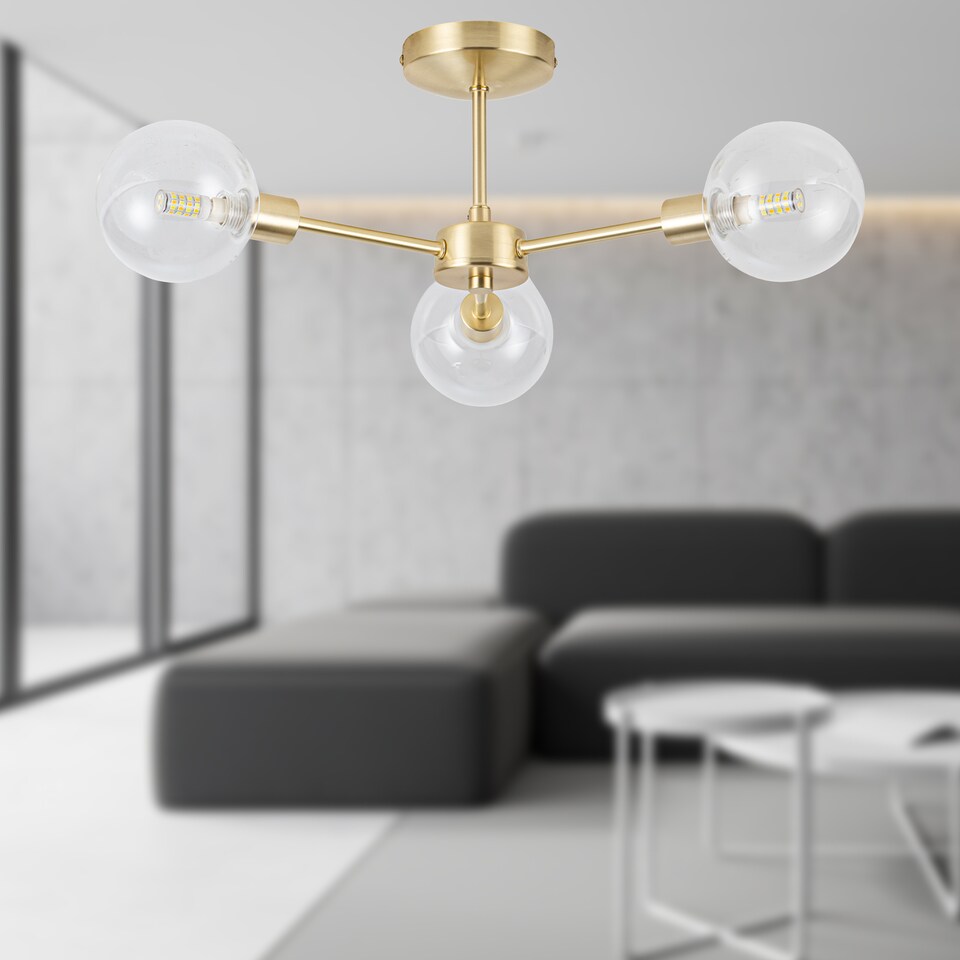 image 1 of Set of 2 Toner - Satin Brass with Globes 3 Light Flush Ceiling Lights | Gold | Satin brass plate and clear glass | Medium | 1