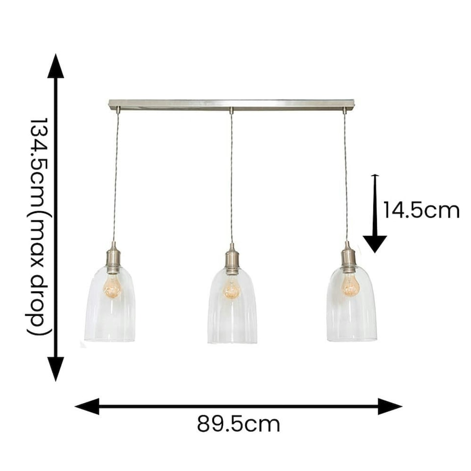 image 1 of ValueLights Kira Glass Cloche Dome 3 Drop Bar Brushed Chrome Diner Ceiling Pendant Light | Silver