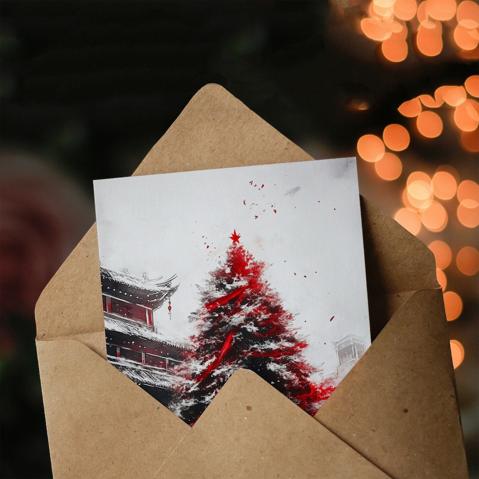 image 1 of Majestic Tree Snowy Chinese Temple Blank For Him Or Her Art Xmas Festive Christmas Card