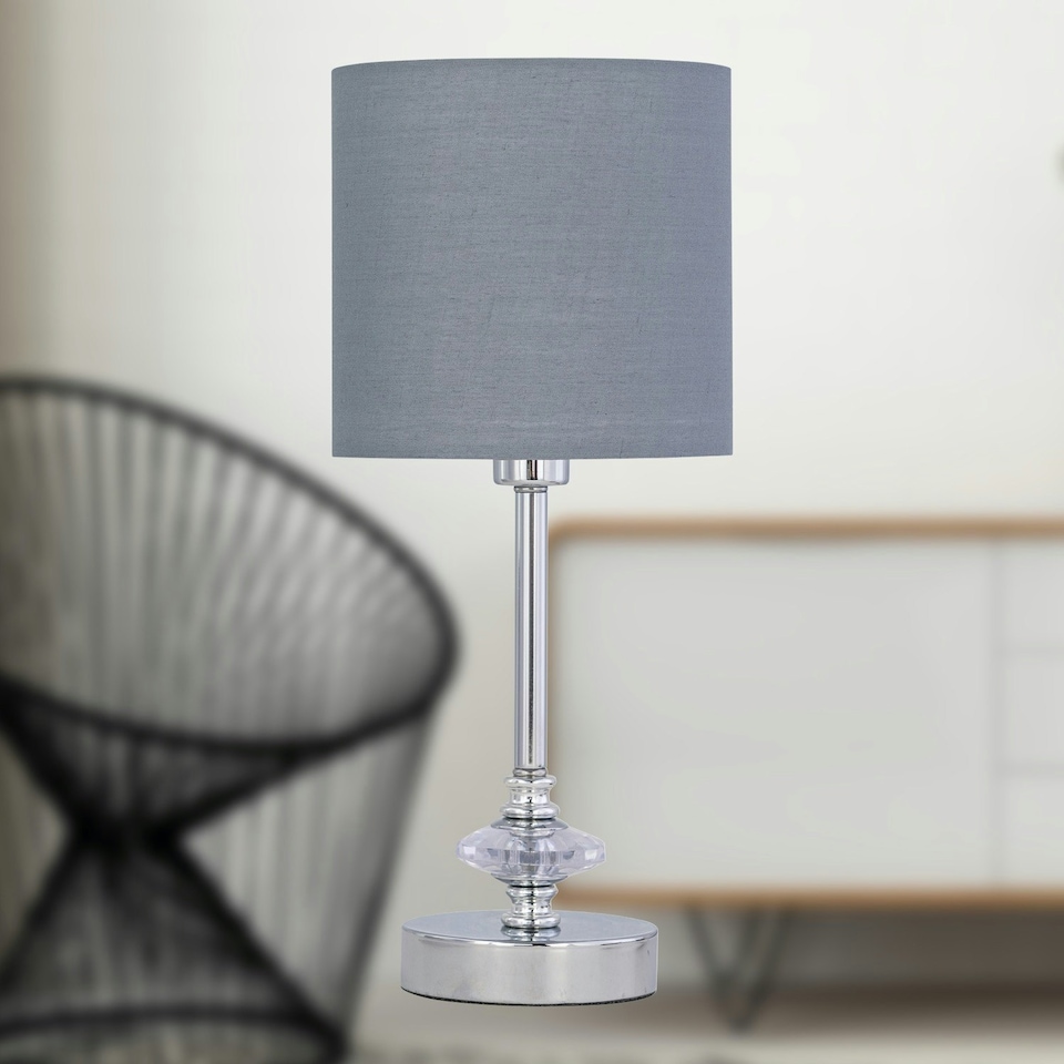 image 1 of First Choice Lighting Set of 2 Chrome Jewelled Table Lamp with Grey Cotton Shades Chrome | Grey