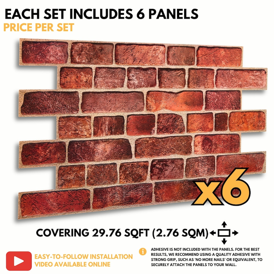 image 1 of NOVECRAFTO 3D Brick Effect Wall Panels – 6 PVC Sheets, Covers 29.76 sq ft (2.76 sqm), 96x48cm Each – Red Faux Brick Look, Easy DIY Wall Cladding Red
