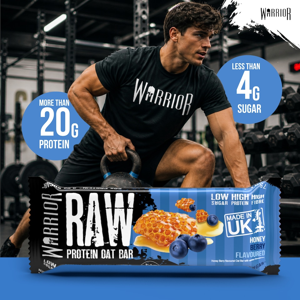 image 1 of Warrior RAW Protein Bars 12 x 75g – 20g High Protein Bar, Low Sugar High Fibre Oat Protein Flapjack – Protein Snacks, Meal Replacement Bars (Honey Berry)