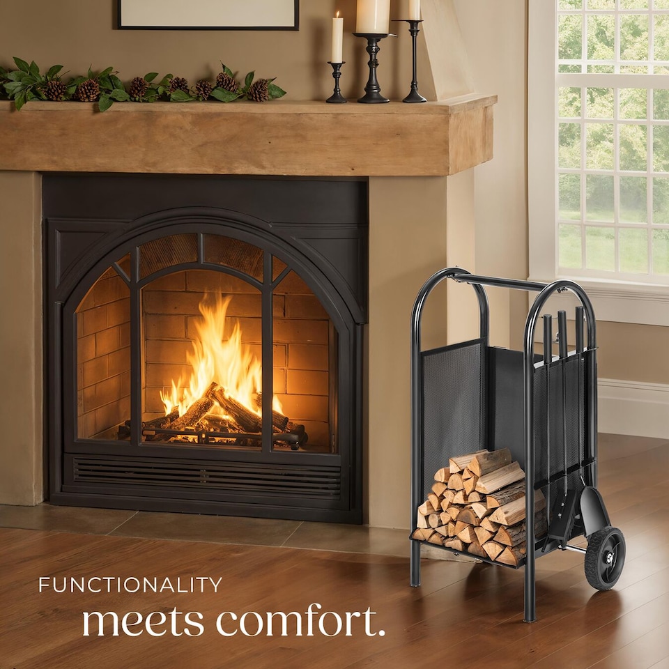 image 1 of Log Holder - fireplace wood storage, with broom, shovel and poker