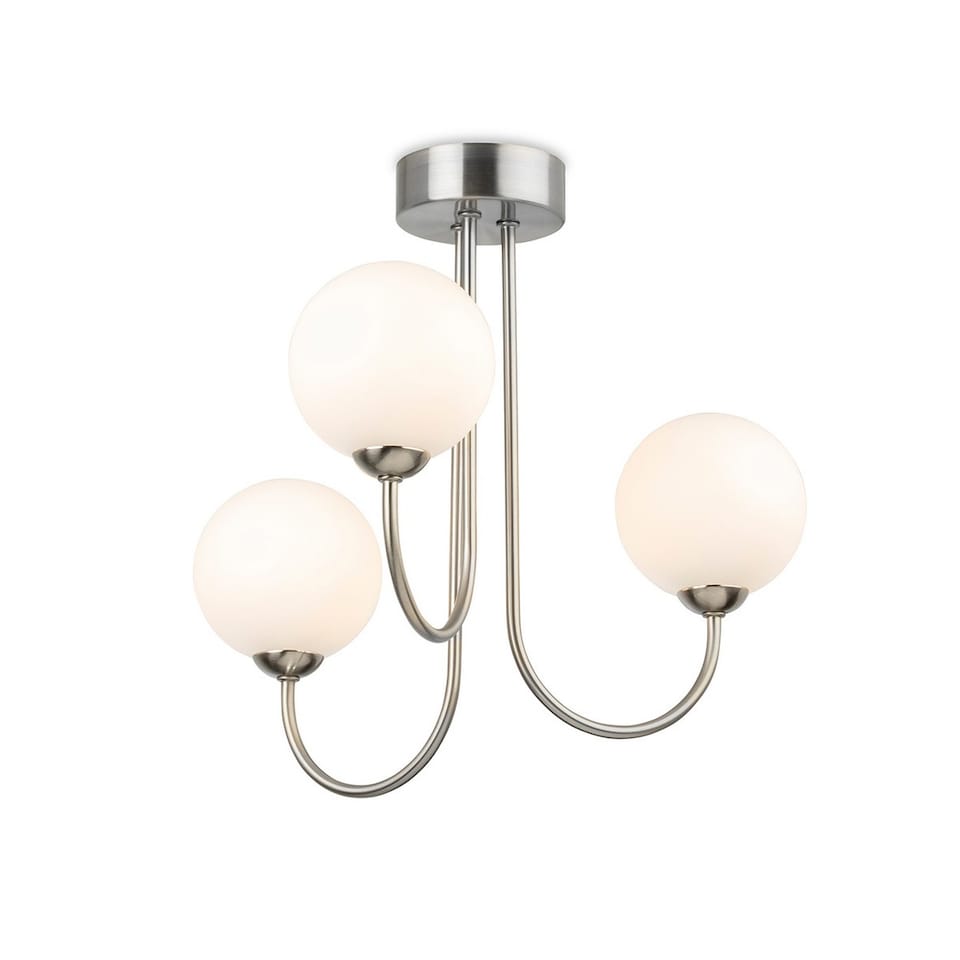 Lyndon 3 Light Globe Flush Fitting Brushed Steel with Opal White Glass