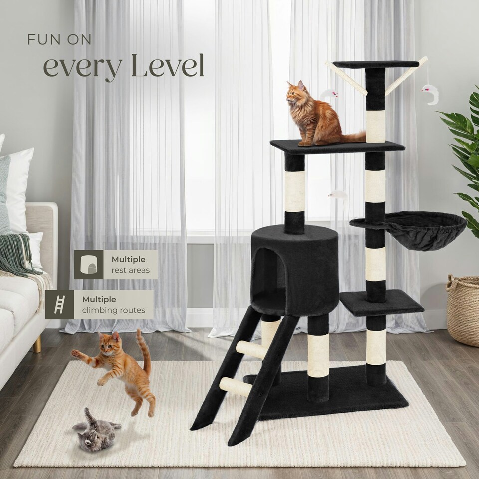 image 1 of Cat Tree Dominik - 144 cm, sisal cat scratching post, mice & anti-tip protection - Black