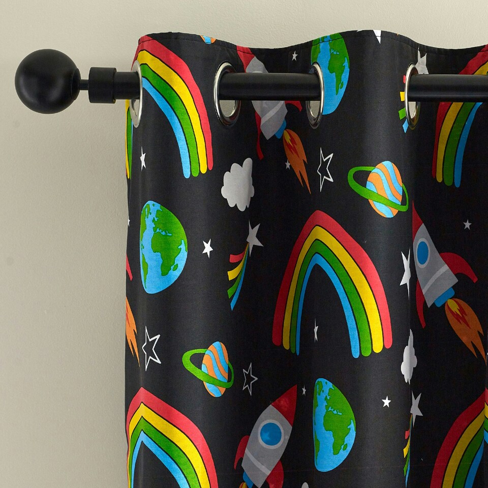 image 1 of Catherine Lansfield Rainbow Rockets Fully Reversible 66x72 Inch Eyelet Curtains Black | Black
