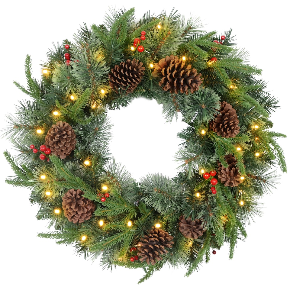 image 1 of HOMCOM 60cm Christmas Wreath with LED Lights Pine Cones Red Berries Green