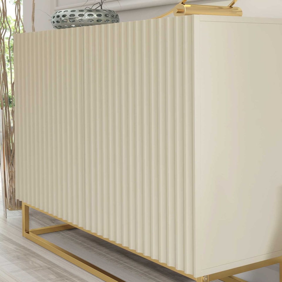 image 1 of Sideboard Cabinet Storage Cupboard Fluted Doors Cashmere Matt Gold Metal Legs Living Dining Room Hallway Furniture 100cm