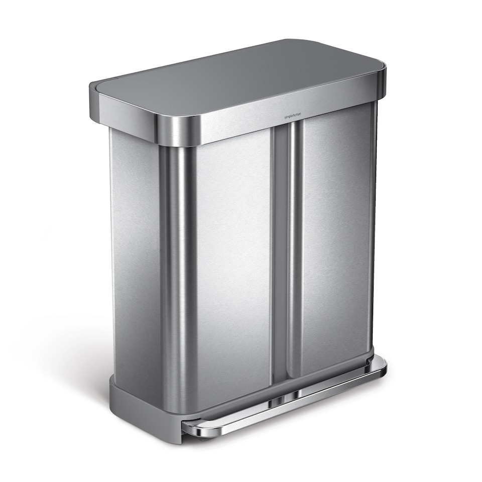 image 1 of Simplehuman 58L Recycling Rectangular Pedal Bin with Liner Pocket, Brushed Stainless Steel with Grey Plastic Lid