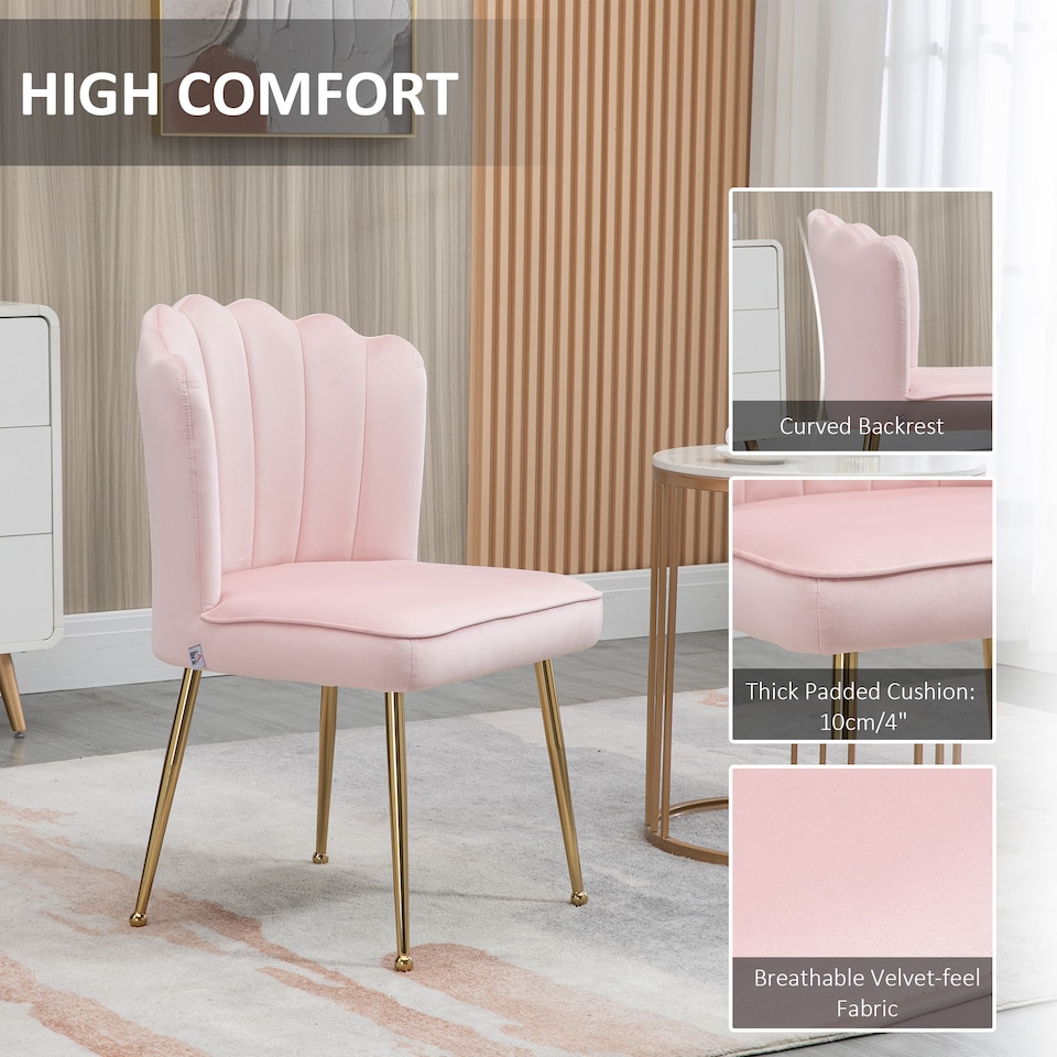 image 1 of HOMCOM Shell Luxe Velvet Accent Chair with Gold-tone Metal Legs, Modern Vanity Chair for Living Room, Bedroom, Home Office, Pink