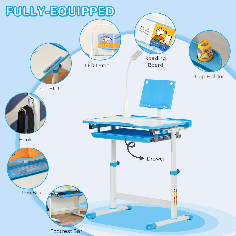 image 1 of HOMCOM Kids Study Desk and Chair Set w/ USB Lamp, Adjustable Height, Blue