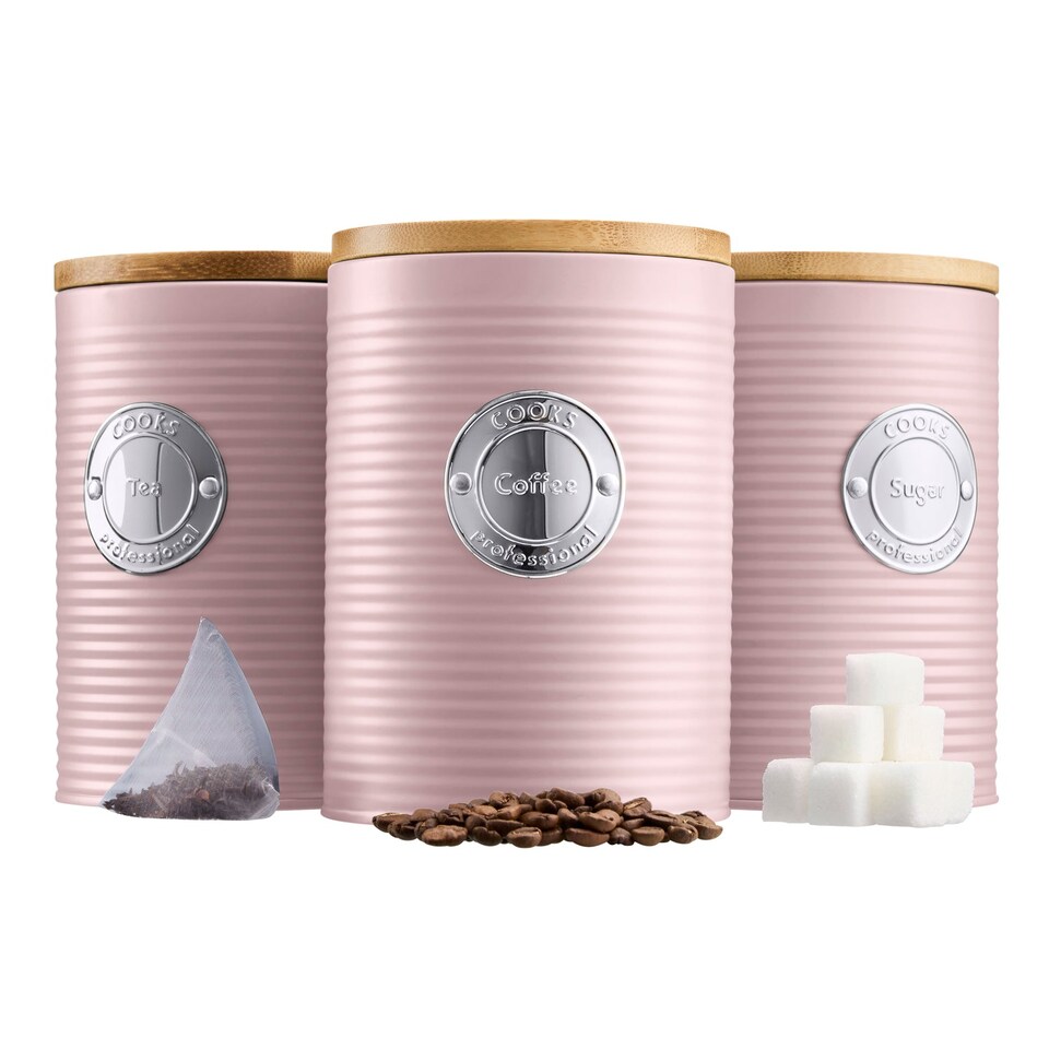 image 1 of Cooks Professional 3 Piece Ribbed Tea, Coffee, & Sugar Cannisters with Bamboo Lids | Pink | Pink & Silver