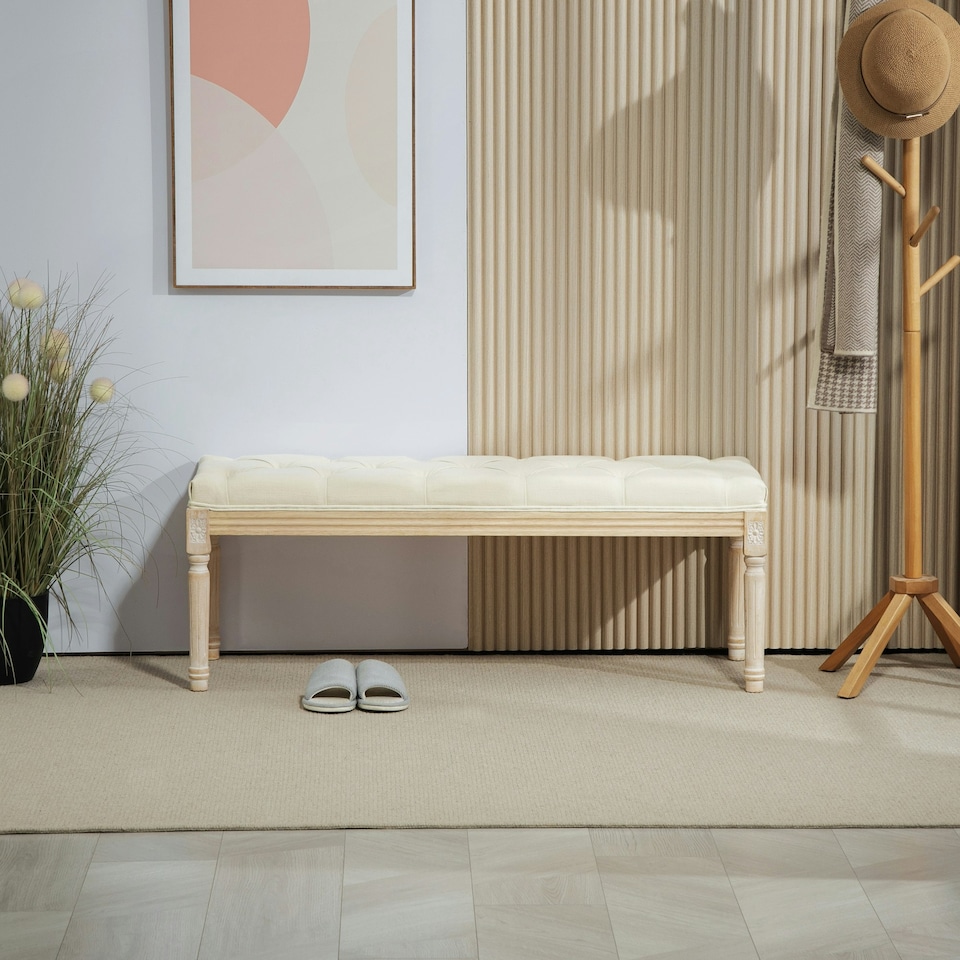 image 1 of HOMCOM End of Bed Bench Upholstered Foot Stool Linen-Touch Ottoman Cream