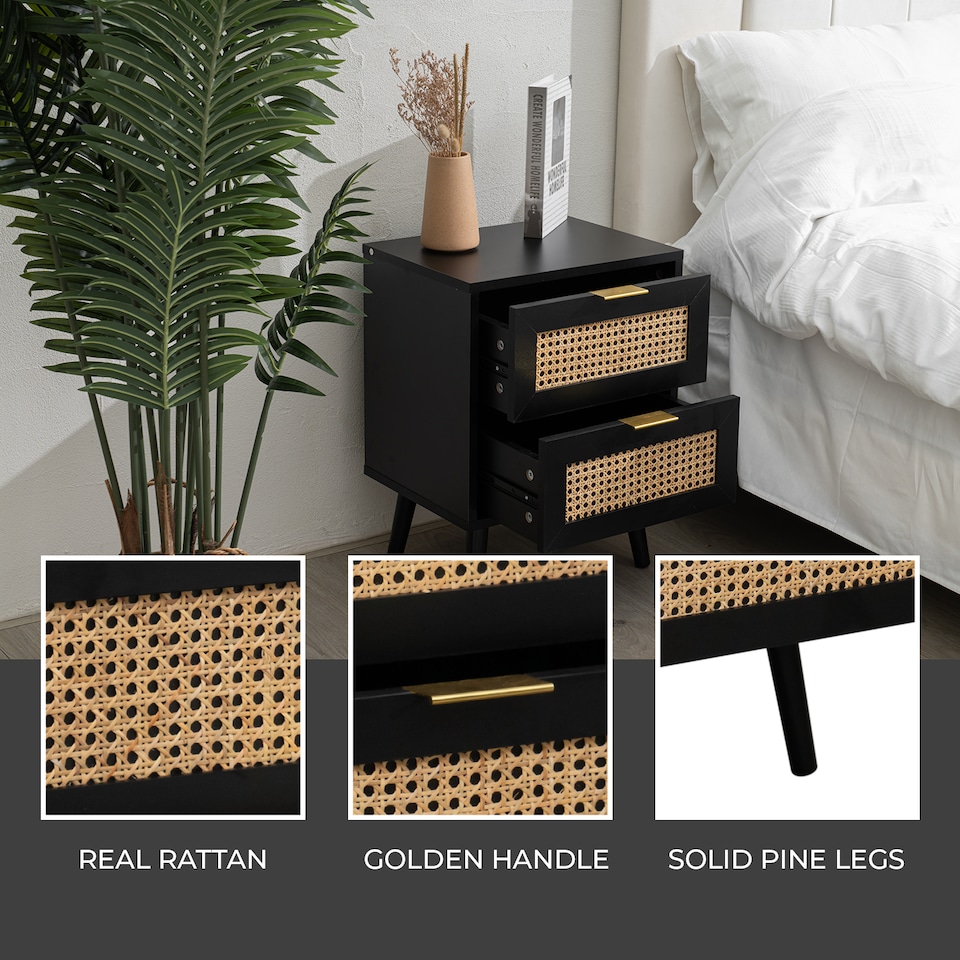 image 1 of Modern Black Rattan Bedside Table with 2 Drawers - Bedside Cabinet for Bedroom & Living Room (W40 x D30 x H52cm)