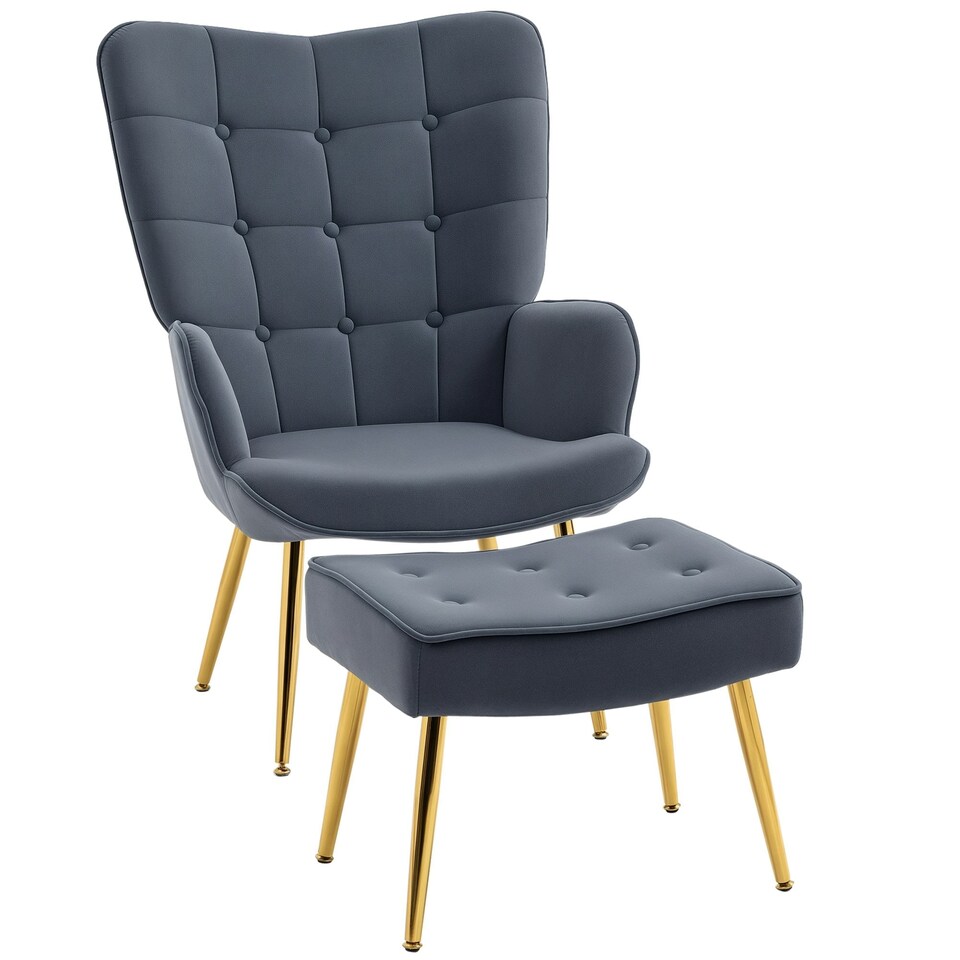 image 1 of HOMCOM Button Tufted Armchair with Footstool and Gold Tone Steel Legs Dark Grey