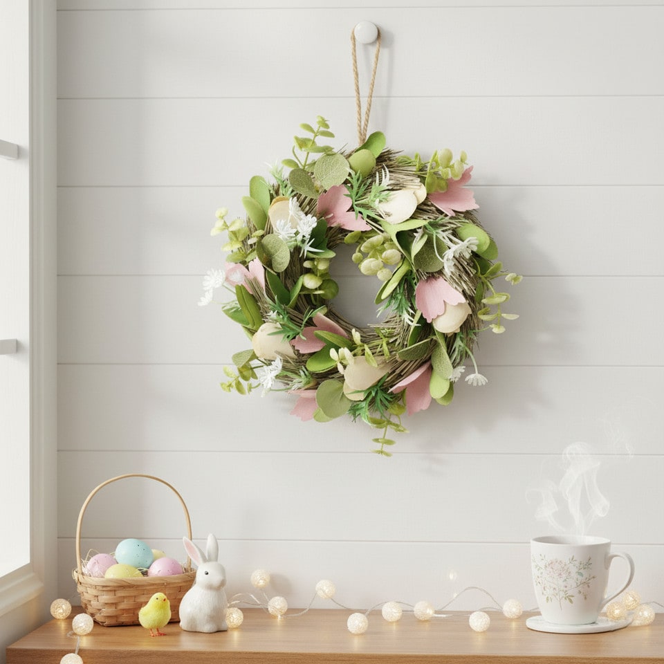 image 1 of Hanging Door Wreath Round Spring Easter Christmas Wall Decor Traditional Festive | Multi | Green, Cream & Pink | 34cm | 1