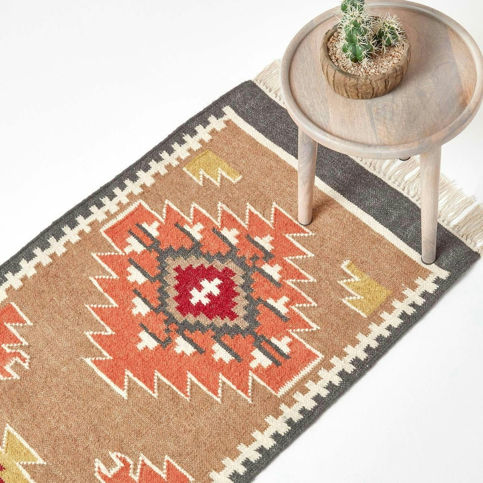 image 1 of Homescapes Jaipur Handwoven Brown and Orange Kilim Wool Hall Runner - 66 x 200 cm | Multi