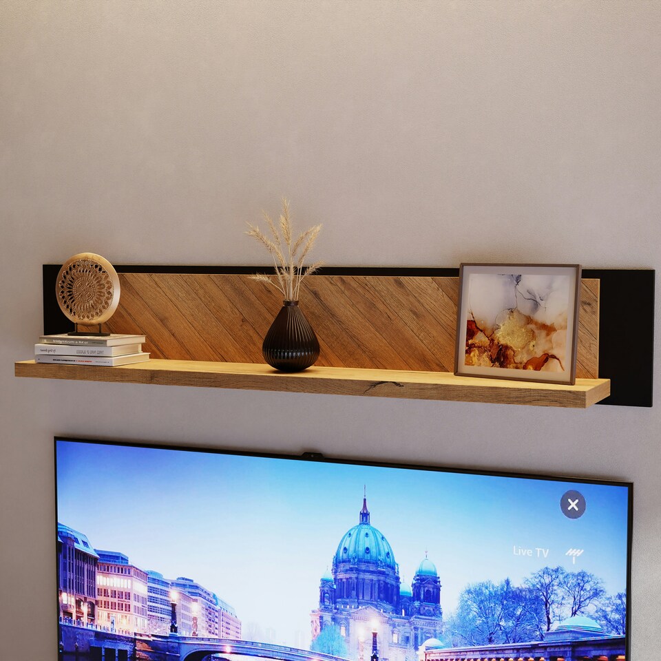 image 1 of Nikomedes Wall Shelf 140cm in Spica Oak/Matt Black/Bartex Oak