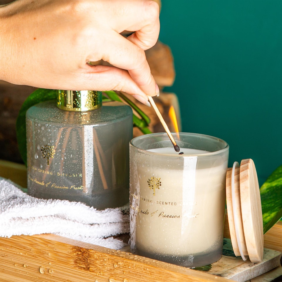 image 1 of Nicola Spring Scented Candle & Reed Diffuser Set - 130g - Green Pomelo & Passion Fruit | Grey | Grey