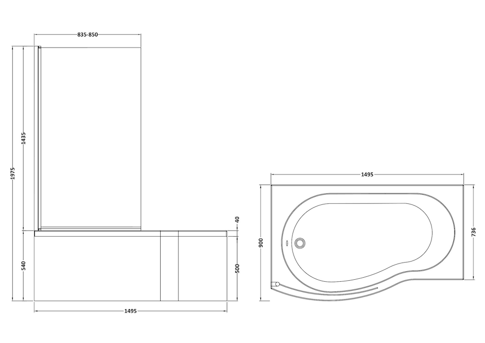 image 1 of 1500 mm Left Hand B Shape Shower Bath with Screen & Front Panel White | White | White | 1495 x 900 x 415mm