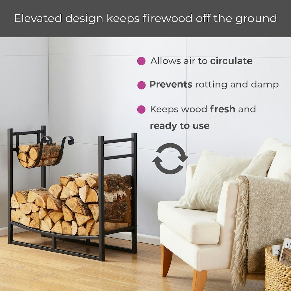 image 1 of Black Indoor Firewood Log Rack With Hooks