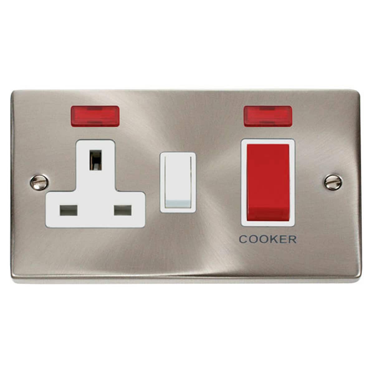 SE Home Satin / Brushed Chrome Cooker Control 45A With 13A Switched Plug Socket & 2 Neons in Metallic Silver