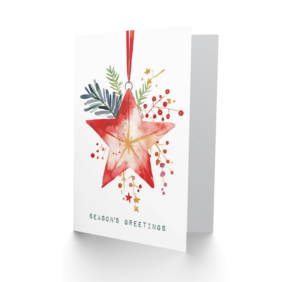 image 1 of Seasons Greetings Hanging Red Star Bauble Blank For Him Or Her Art Xmas Festive Christmas Card
