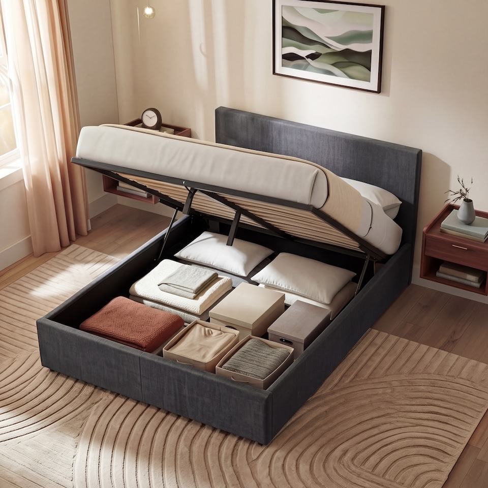 image 1 of Vida Designs Veronica 4ft6 Double Ottoman Bed Storage Fabric Upholstered, Dark Grey Linen, 135 x 190cm
