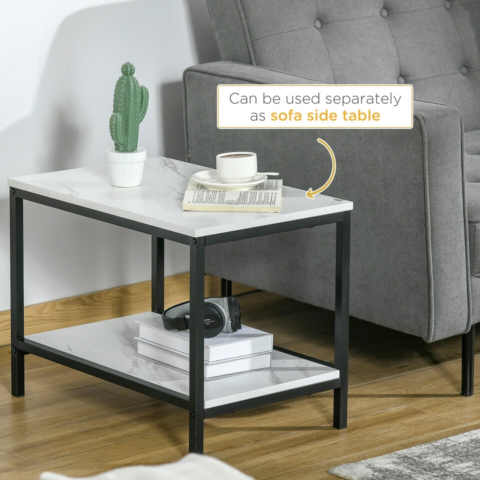 image 1 of HOMCOM Modern Coffee Table Set of Two w/ Steel Frame Marble-Effect White White