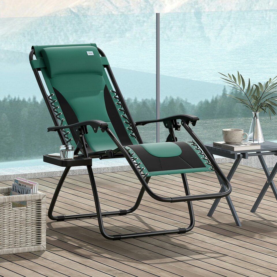 image 1 of Outsunny Zero Gravity Lounger Folding Recliner Chair w/ Cup Holder Green