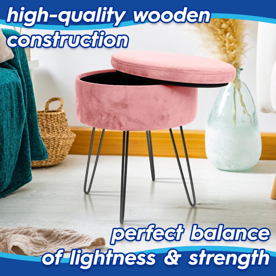image 1 of Harbour Housewares Velvet Storage Footstool - Round Modern Dressing Table Footstool Vanity Seat Chair - 45 x 36cm - Pink/Gold | Pink | Pink/Gold | Pack of 1 | 1
