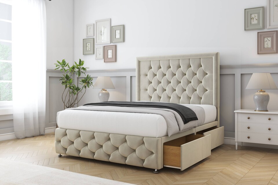 image 1 of Sloomy Vienna Cream Plush Divan Bed Base 2 Drawers Foot-End With 54 Inch Floor Standing Headboard & 12 Inch Matching Footboard | Cream | Cream | Double | 1