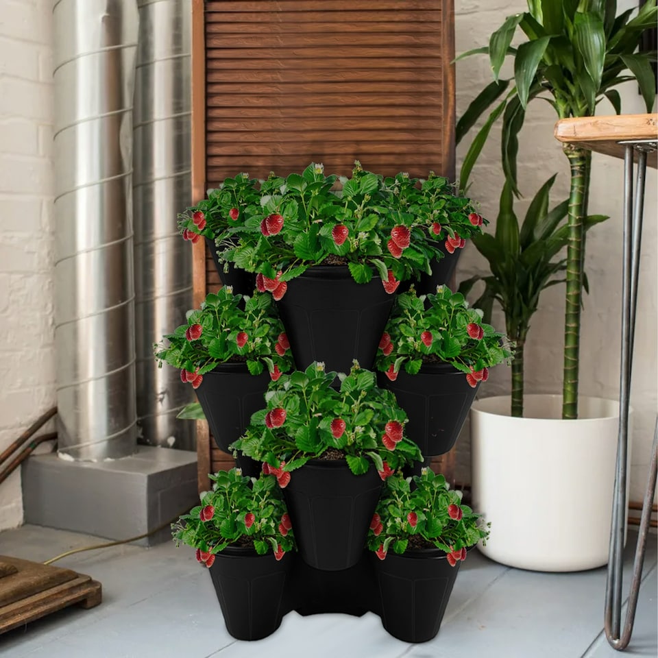 image 1 of Trio Stackable Stacking Strawberry Planter Plant Flower Pot Herb Garden Patio UK Black