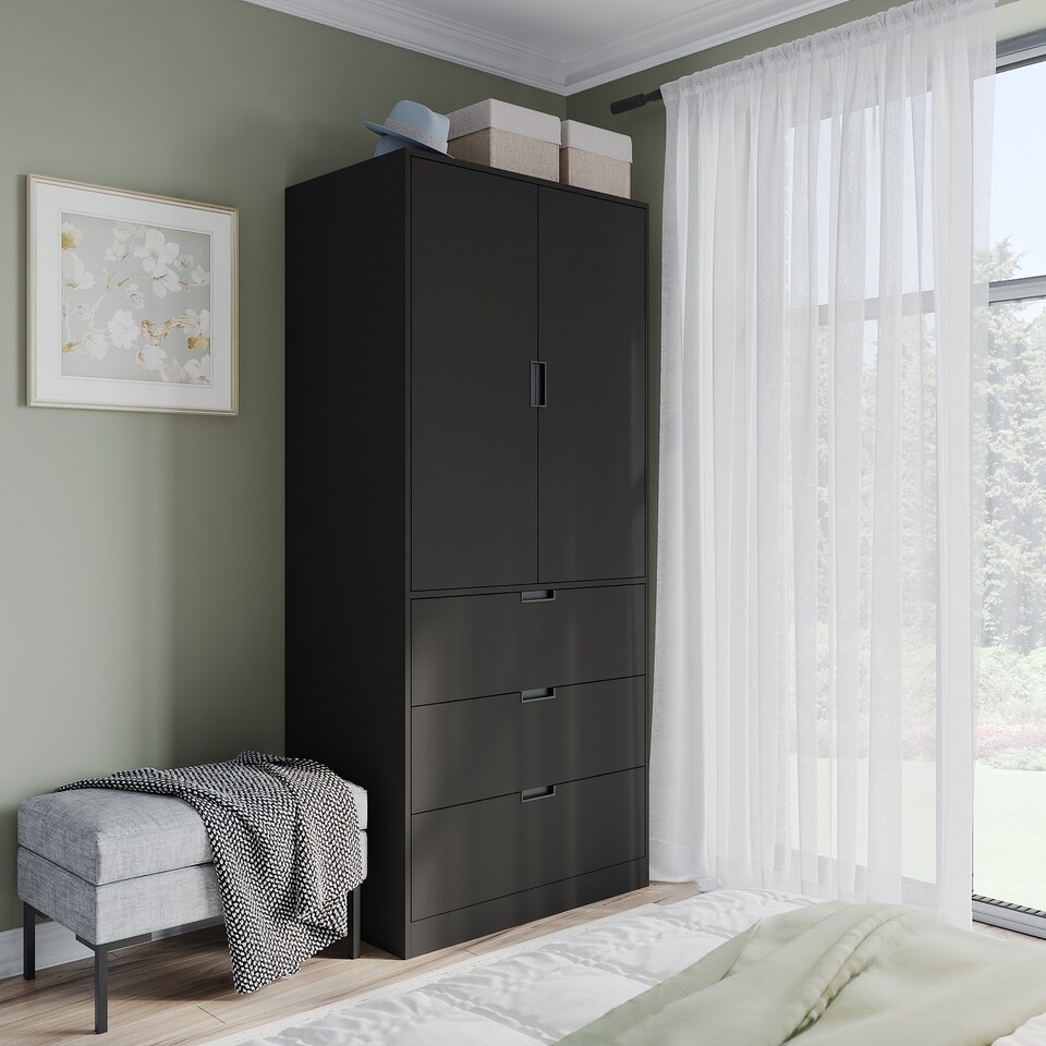 image 1 of 2 Door 3 Drawer Wardrobe with Hanging Rail - Modern Bedroom Storage Furniture | Black | Black with Black Doors | 1