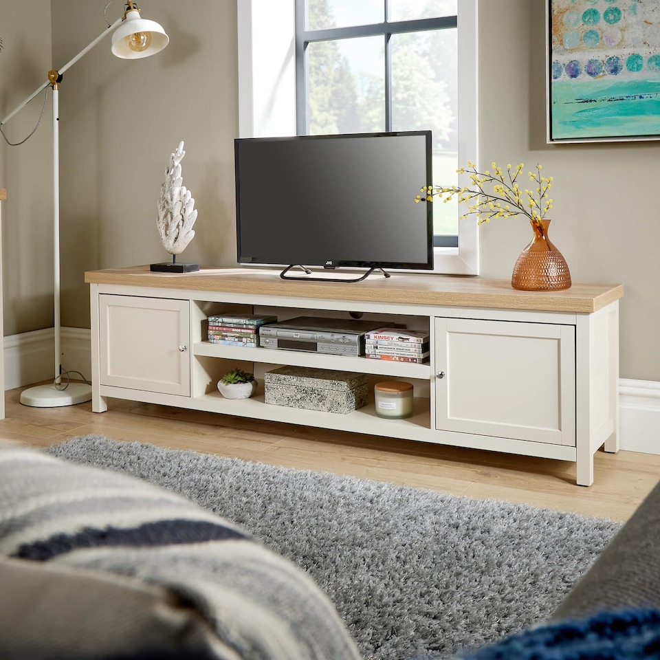image 1 of Console TV Stand Television Unit Living Room Furniture Oak Solid | White