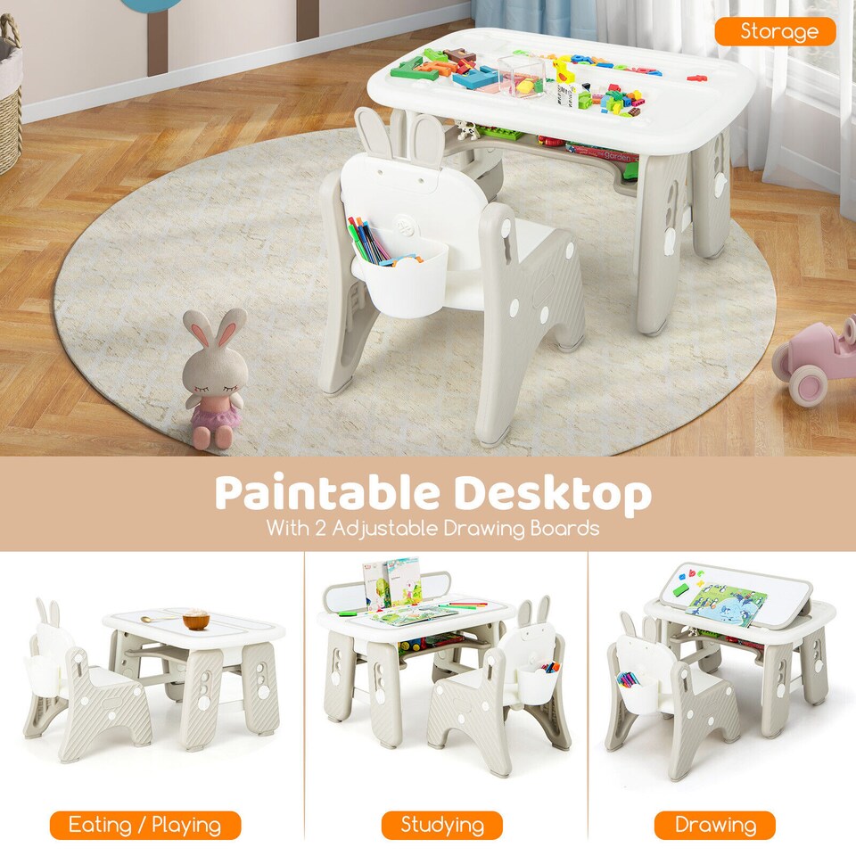 image 1 of COSTWAY Kids Drawing Table and Chair Set Grey