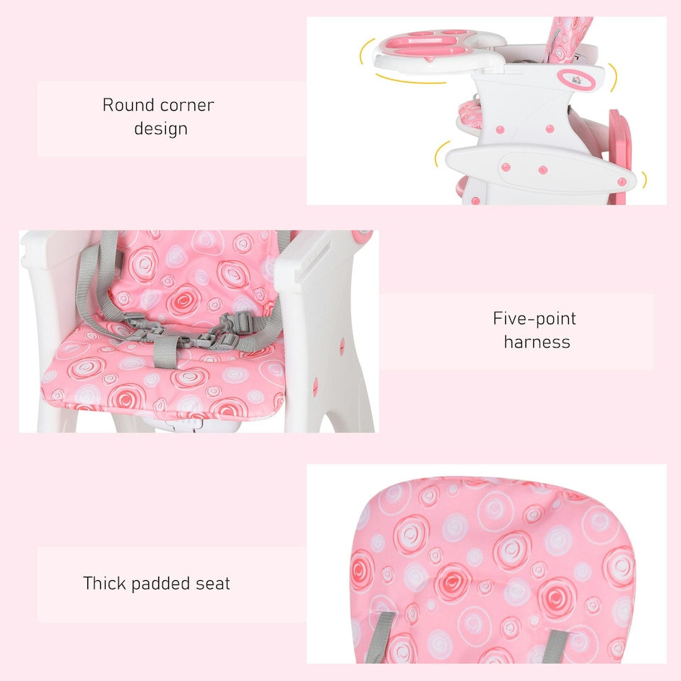 image 1 of HOMCOM 2-in-1 Convertible Baby High Chair Booster Seat w/ Removable Tray Pink