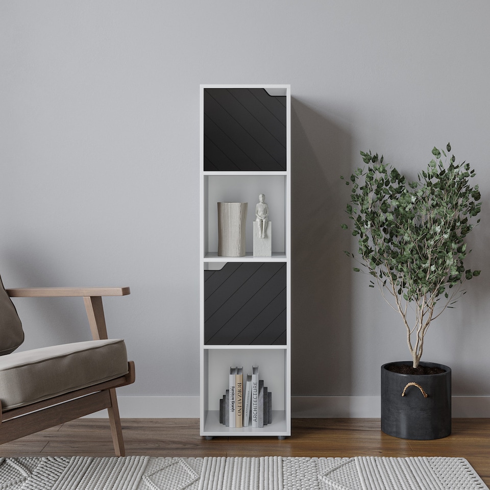 image 1 of 4 -Cube Tall Shelving Unit With Line Doors | White | White & Black | 1