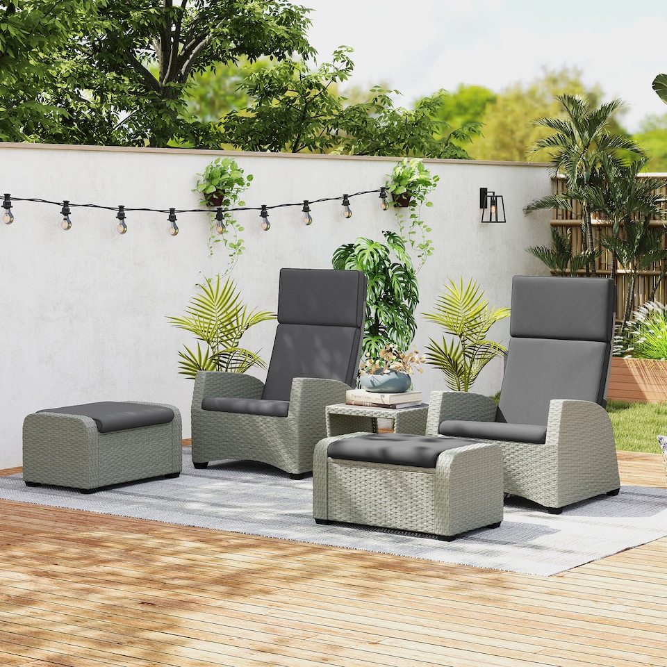image 1 of Outsunny 5 Piece Rattan Garden Furniture Set, Garden Reclining Rattan Chairs Set of 2 with Wood-Plastic Composite Table, Footstools and Thick Cushions for Balcony, Patio, Charcoal Grey