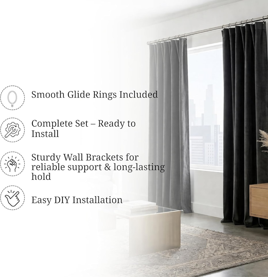 image 1 of Lister Cartwright 25mm Polished Steel Industrial Pipe Extendable Curtain Pole Heavy Duty Metal Curtain Rod with Rings(120-320 cm)
