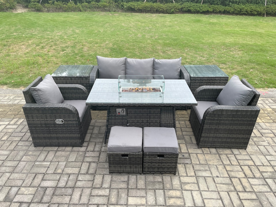 image 1 of Fimous Wicker Rattan Garden Furniture Sofa Set Gas Fire Pit Dining Table Indoor Outdoor with 2 Side Table Chair Footstool