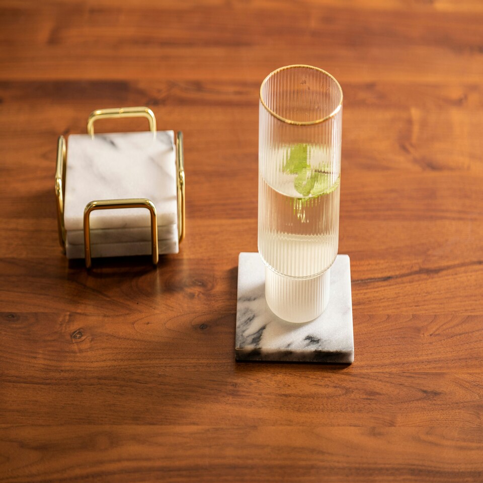 image 1 of Interiors By Premier Set Of Four White Marble Coasters With Brass Finish Holder, Durable Natural Stone Coasters