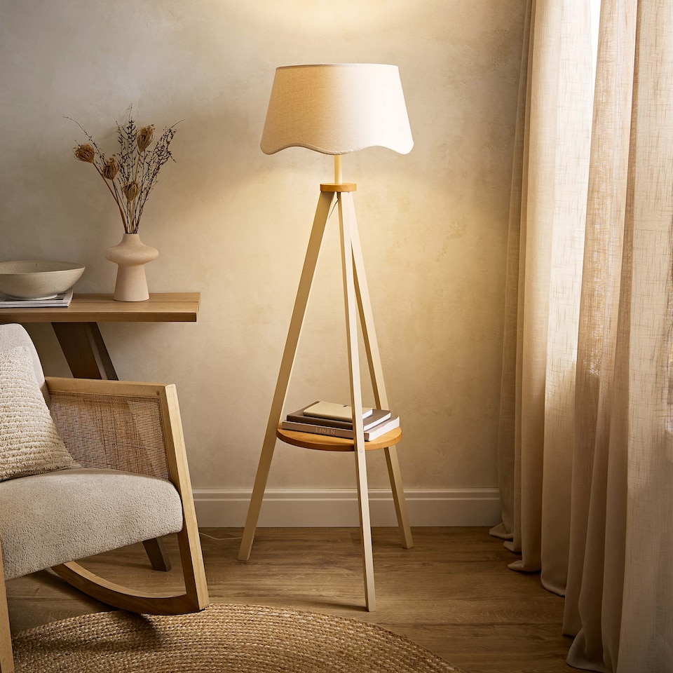 image 1 of ValueLights Morrigan Cream Wood Floor Lamp Natural Scallop Shade | Cream