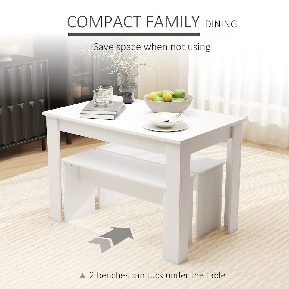 image 1 of HOMCOM Kitchen Dining Table and 2 Benches Set, Table and Chairs Set for Limited Space, White