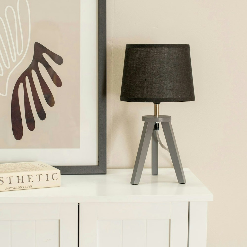 image 1 of ValueLights Jackson Grey Wood Tripod Table Lamp with Black Shade and LED Bulb