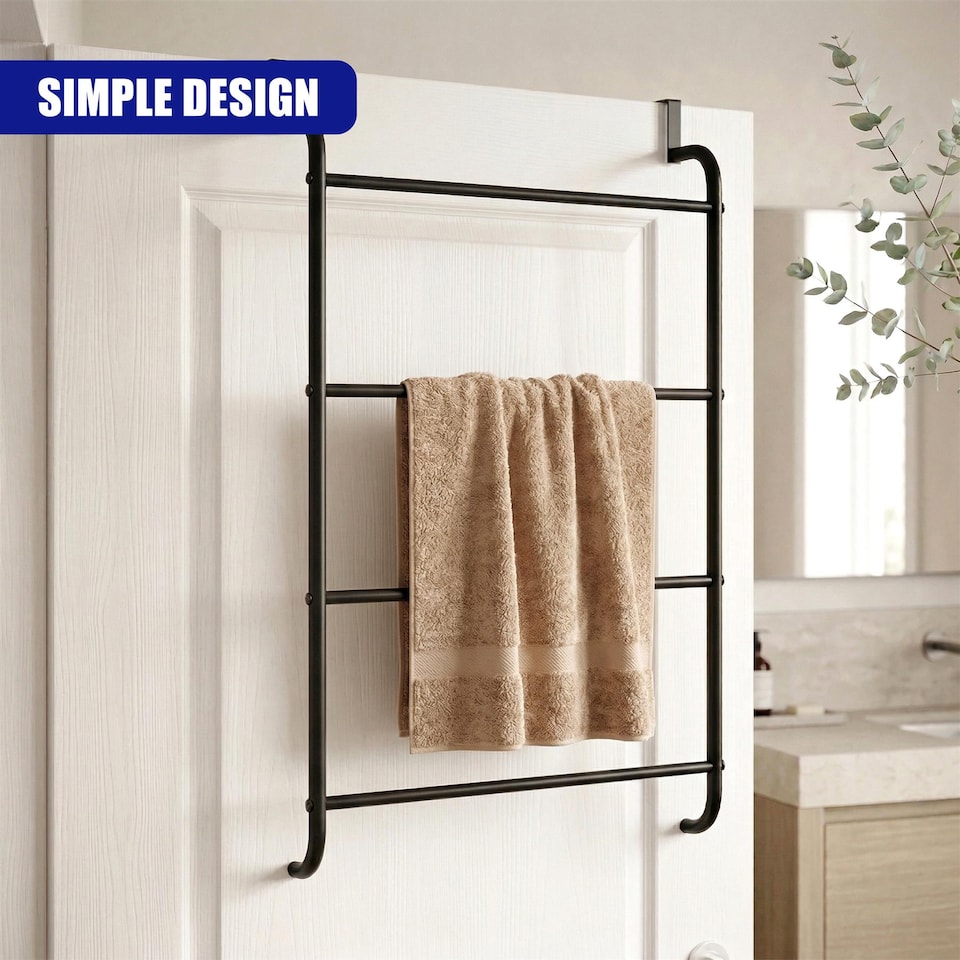 image 1 of GEEZY Over Door Towel Rail with 4 Bars Bathroom Organiser Rack Modern Steel Design